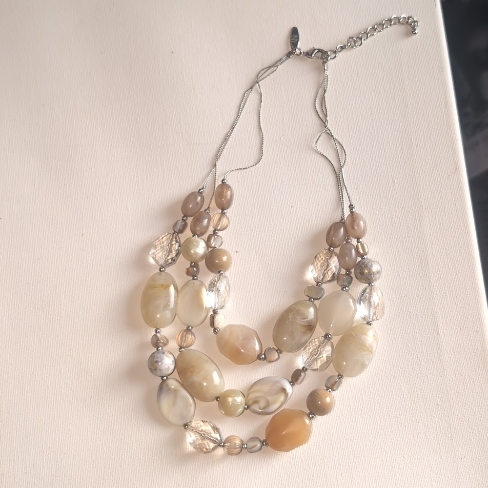 Triple Strand Layered Bead Necklace | Bohemian Ecru & Marbleized Neutral